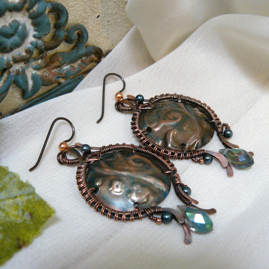 Floral Textured Copper Domed Shield Wire Weave Earrings