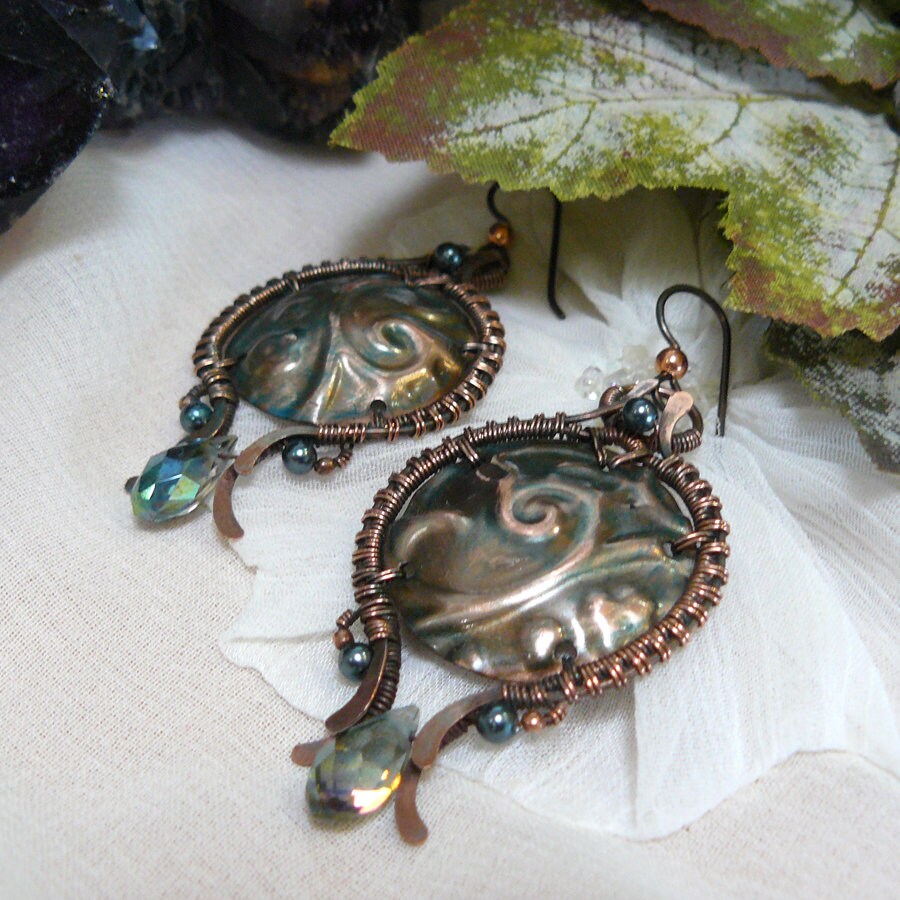 Floral Textured Copper Domed Shield Wire Weave Earrings