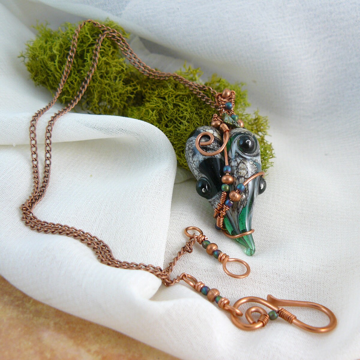 Freeform Whimsical Green Lampwork Art Glass Heart Pendant Wire Wrapped in Copper
