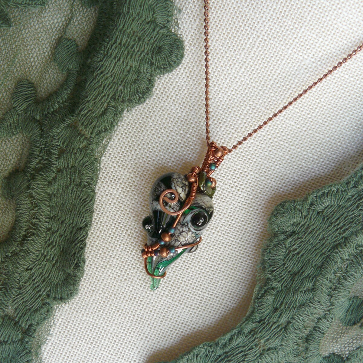 Freeform Whimsical Green Lampwork Art Glass Heart Pendant Wire Wrapped in Copper