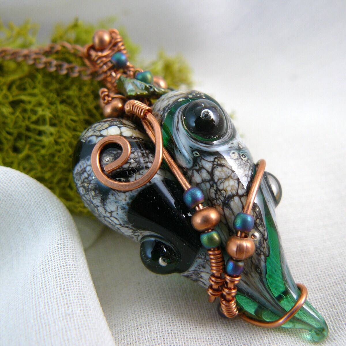 Freeform Whimsical Green Lampwork Art Glass Heart Pendant Wire Wrapped in Copper
