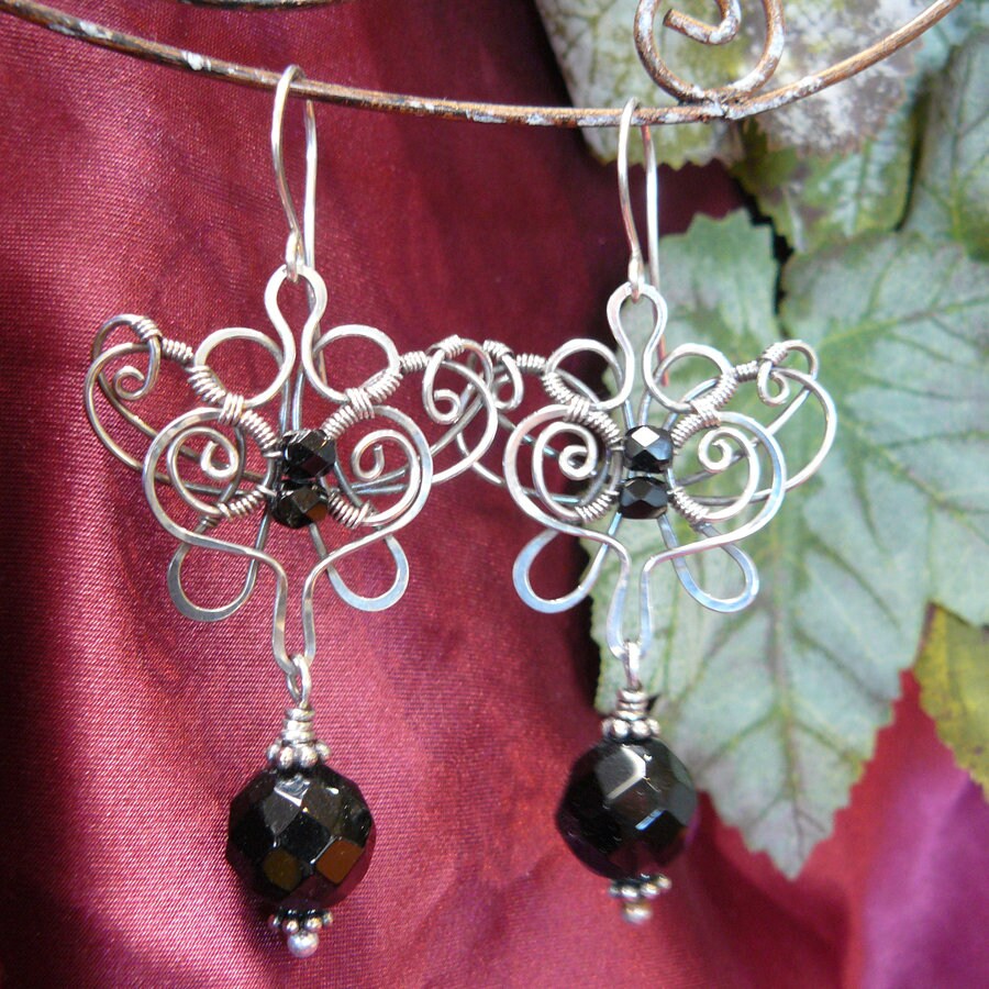 Sterling Silver butterfly and Onyx Wire Wrapped Dangle Earrings