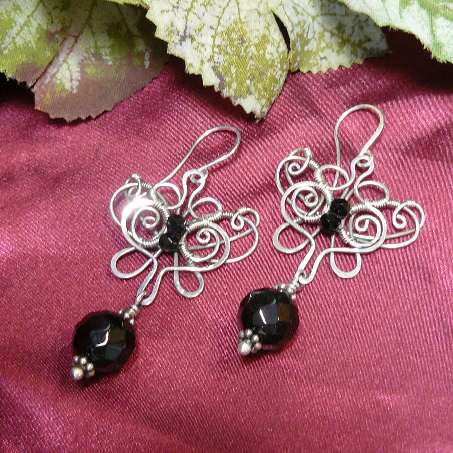 Sterling Silver butterfly and Onyx Wire Wrapped Dangle Earrings