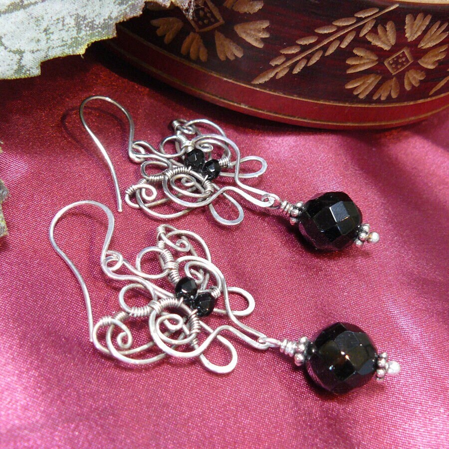 Sterling Silver butterfly and Onyx Wire Wrapped Dangle Earrings