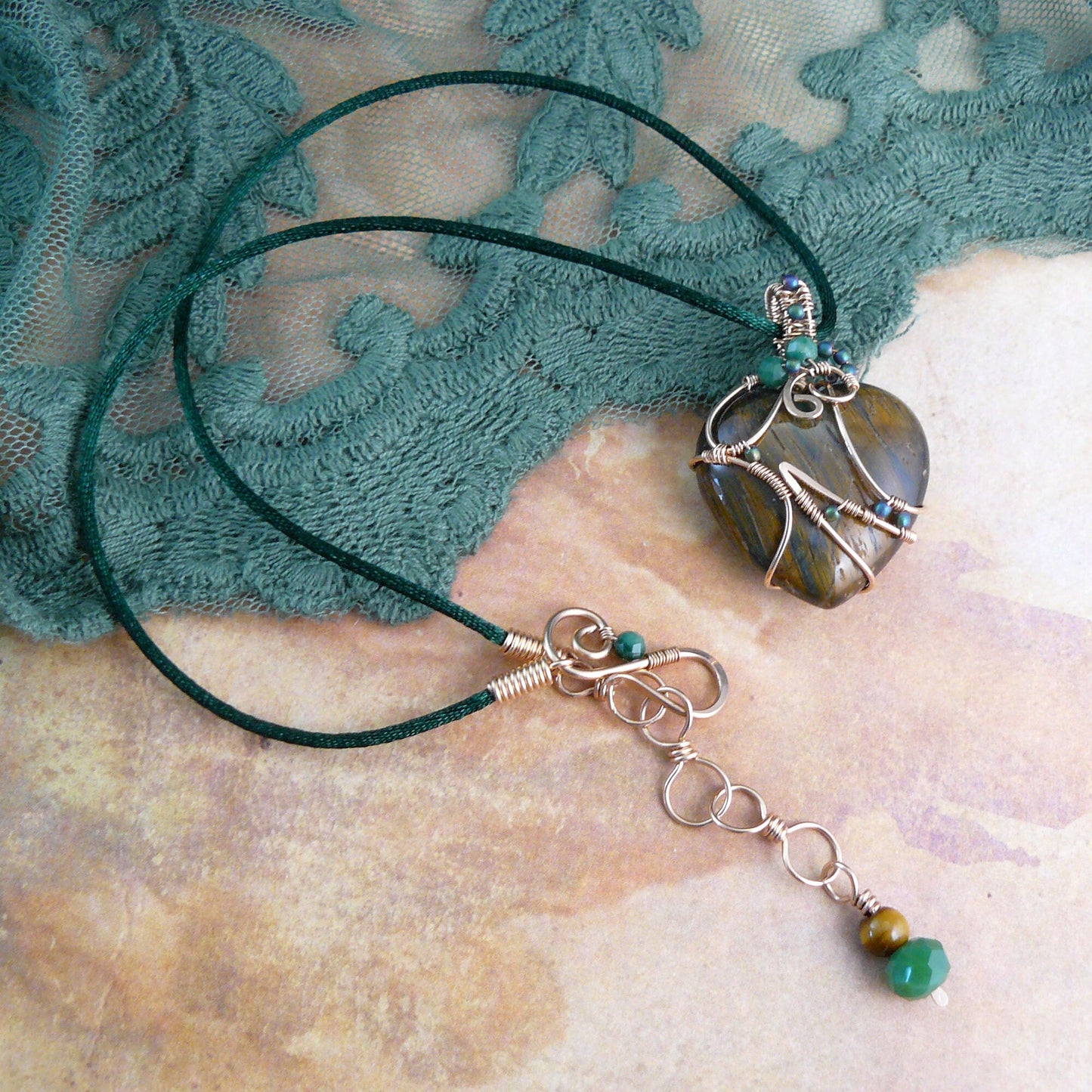 Falcon Eye Heart Shaped Wire Wrapped Stone Pendant