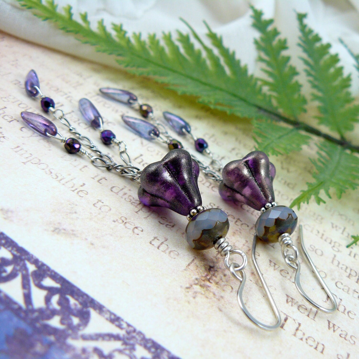 Czech Glass Bell Flower Bead and Dagger Waterfall Cascade Dangle Earrings
