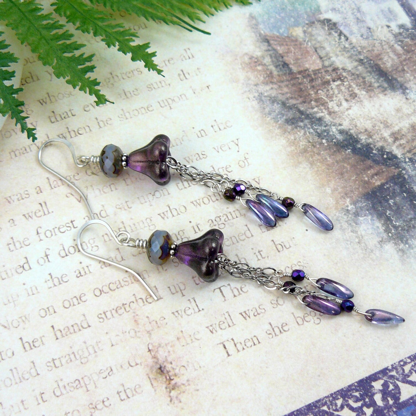 Czech Glass Bell Flower Bead and Dagger Waterfall Cascade Dangle Earrings