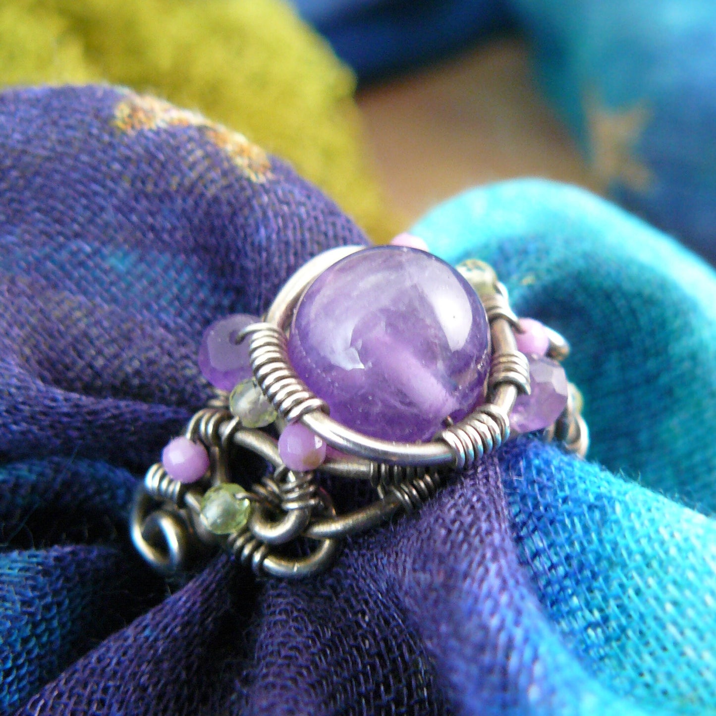 Amethyst Peridot and Phosphosiderite Sterling Silver Wire Wrapped Bead Ring - Size 7.5
