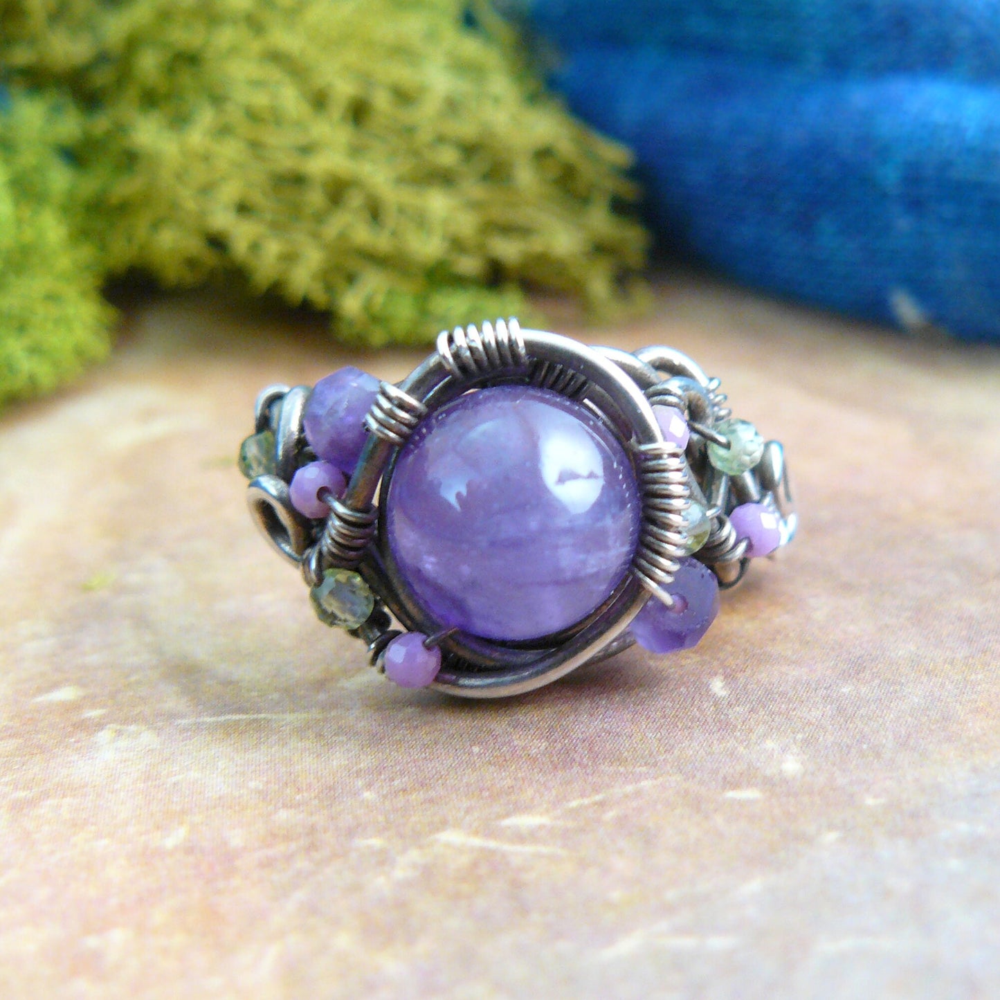 Amethyst Peridot and Phosphosiderite Sterling Silver Wire Wrapped Bead Ring - Size 7.5