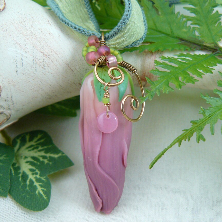 Dusty Rose Hibiscus Bud Polymer Clay Wire Wrapped Pendant