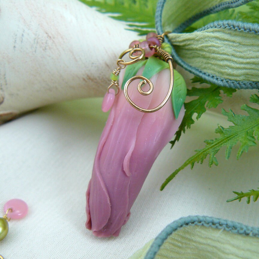 Dusty Rose Hibiscus Bud Polymer Clay Wire Wrapped Pendant