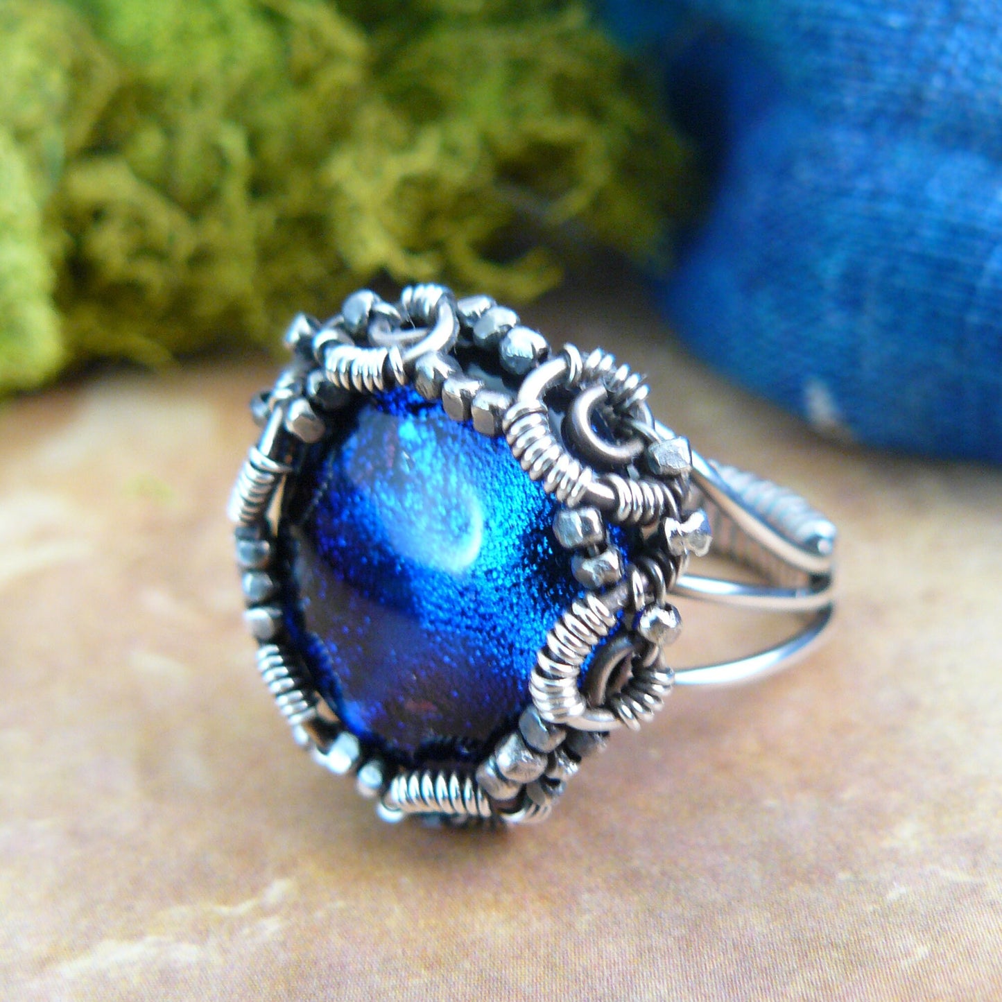 Mysterious Electric Blue Dichroic Glass Wire Wrapped Ring - size 7 1/2 US