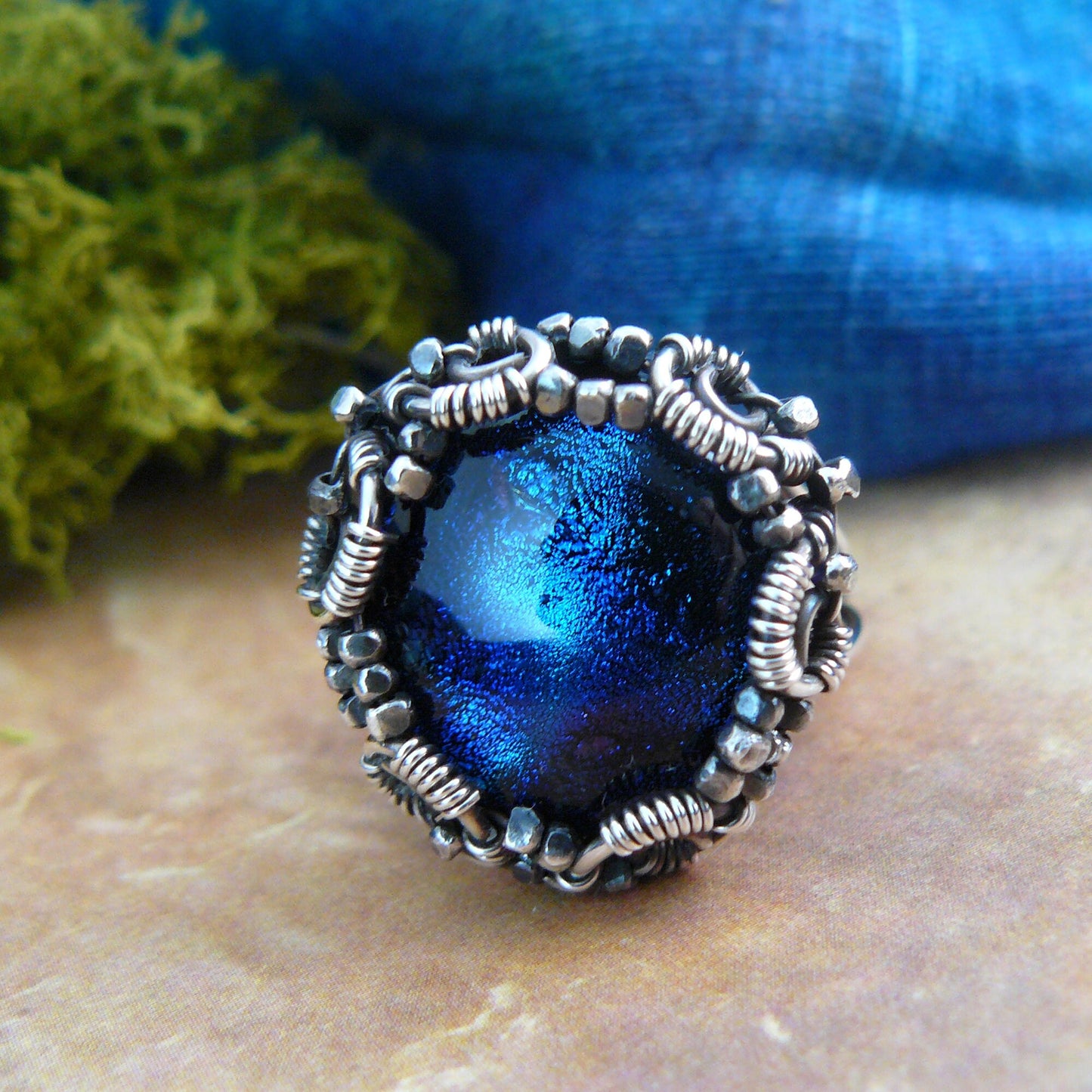 Mysterious Electric Blue Dichroic Glass Wire Wrapped Ring - size 7 1/2 US