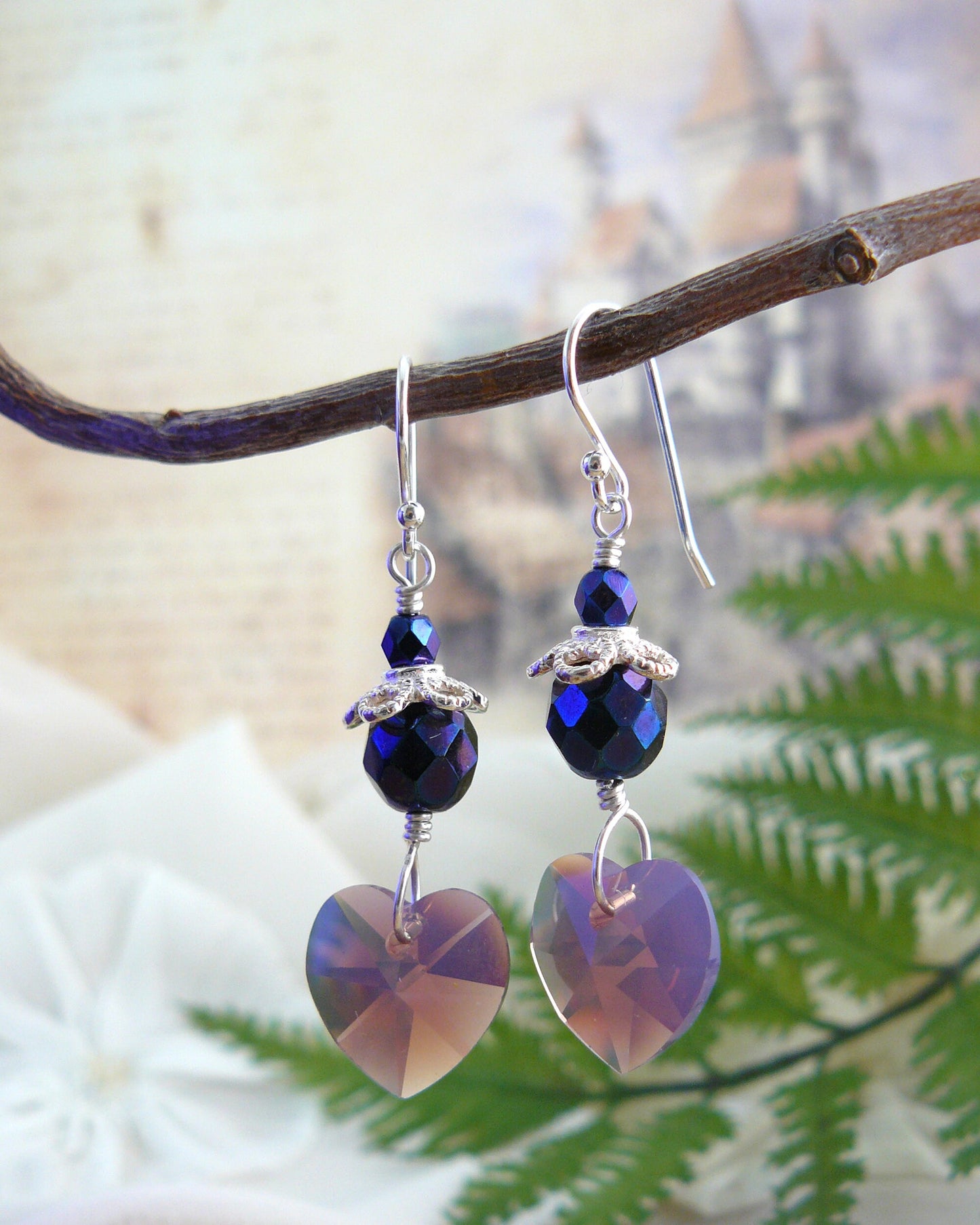 Cyclamen Opal Swarovski Heart Dangle Earrings