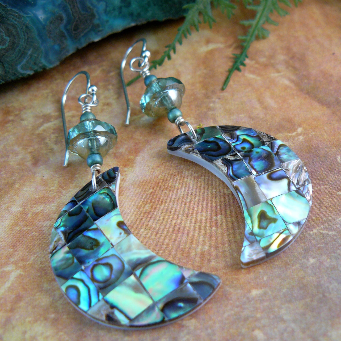 Abalone Mosaic Crescent Moon Earrings