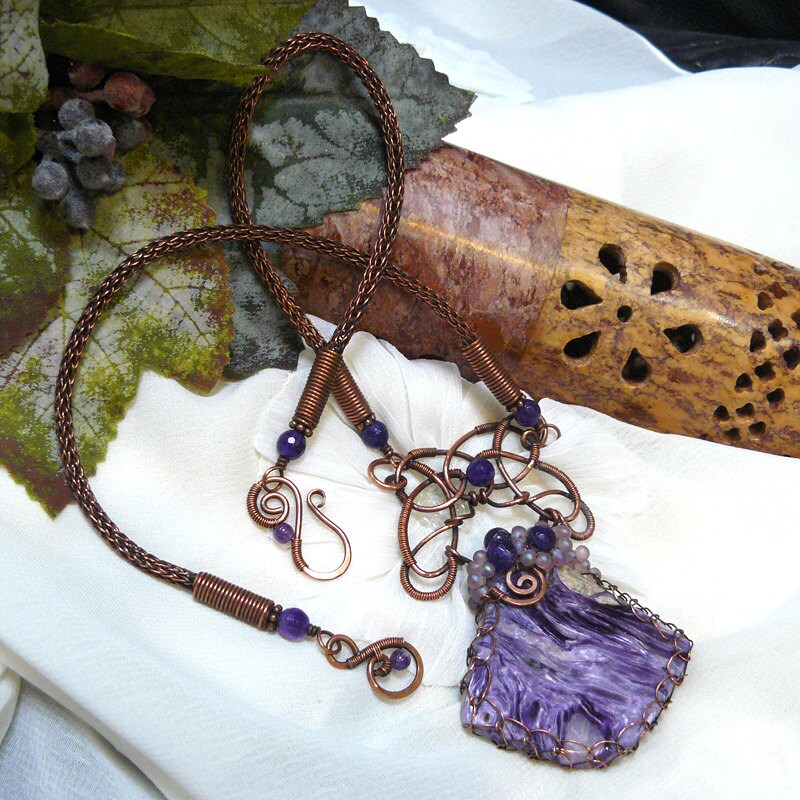 Royal Purple Charoite and Copper Wire Wrap Viking Knit Statement Necklace