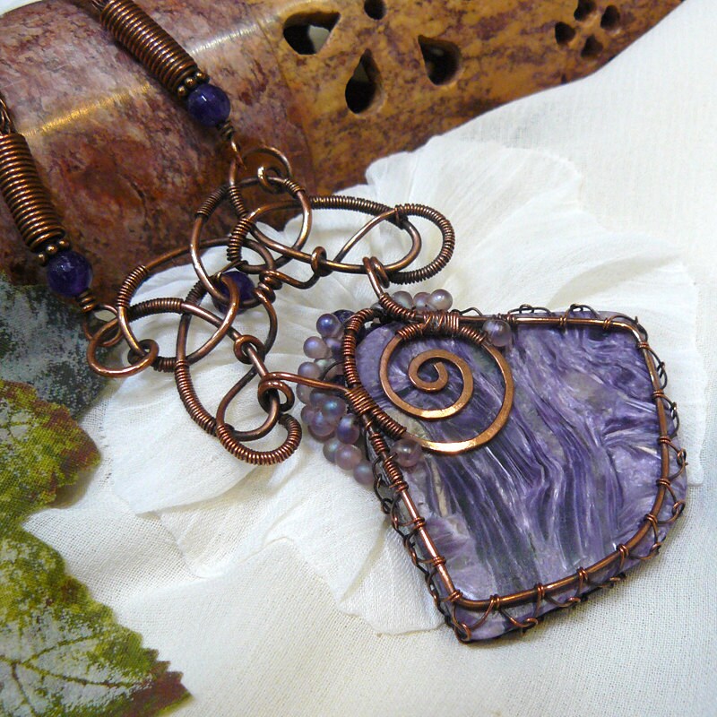 Royal Purple Charoite and Copper Wire Wrap Viking Knit Statement Necklace