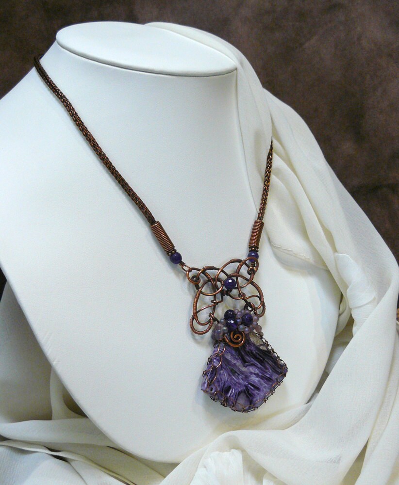 Royal Purple Charoite and Copper Wire Wrap Viking Knit Statement Necklace