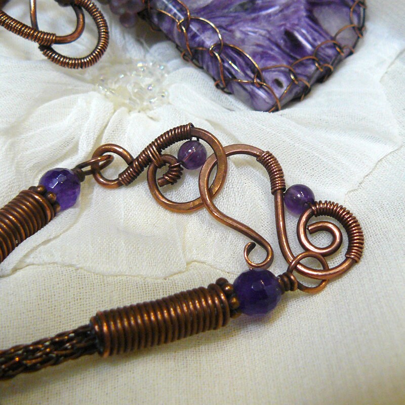 Royal Purple Charoite and Copper Wire Wrap Viking Knit Statement Necklace
