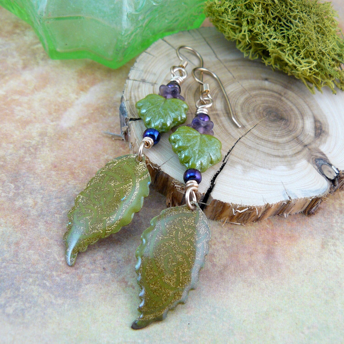 Wasabi Green Celtic Knot Czech Glass Leaf Dangle Earrings