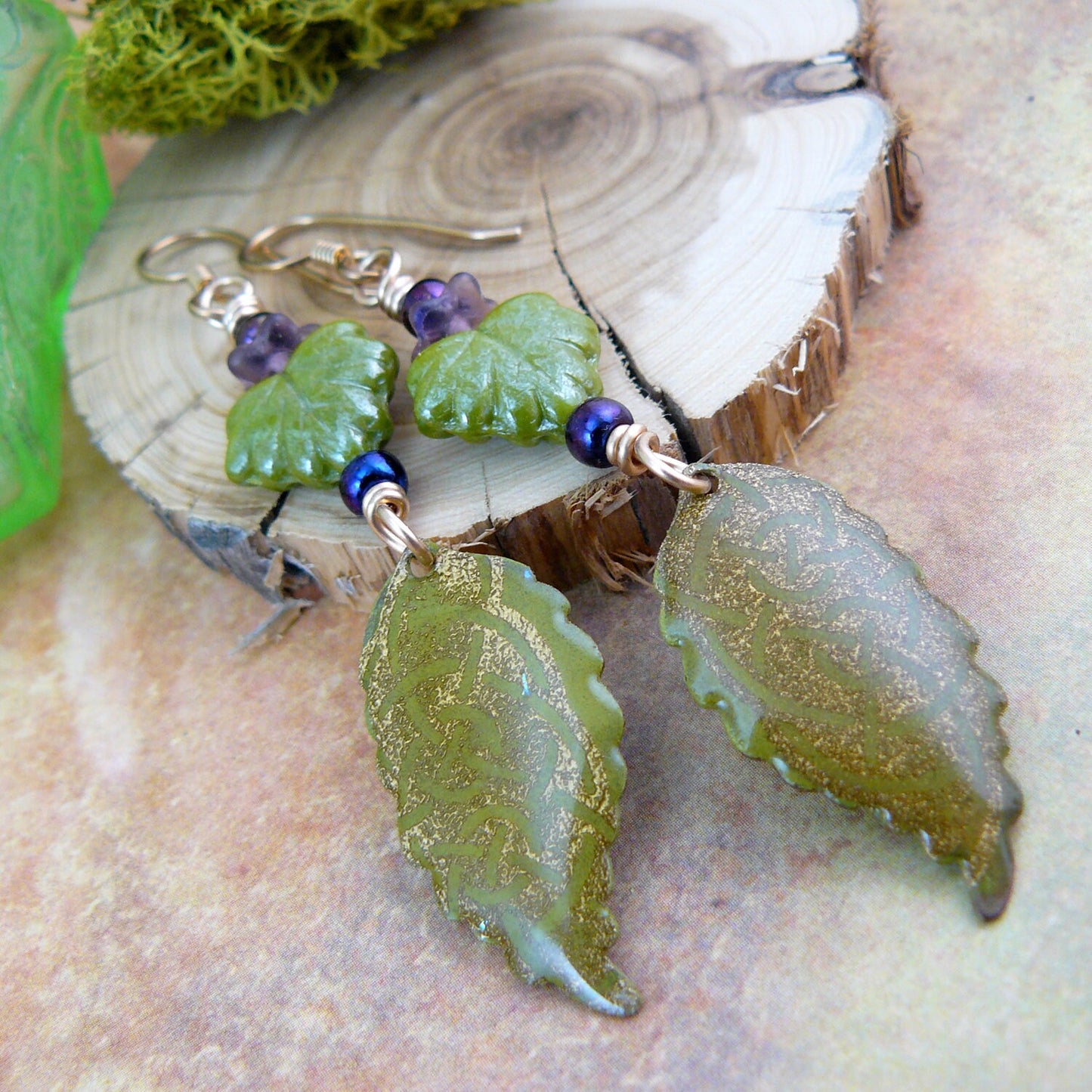 Wasabi Green Celtic Knot Czech Glass Leaf Dangle Earrings
