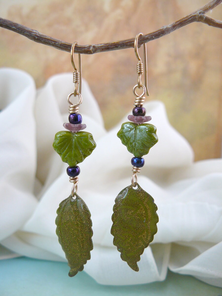 Wasabi Green Celtic Knot Czech Glass Leaf Dangle Earrings