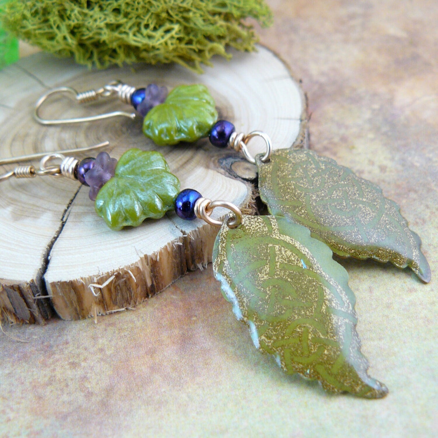 Wasabi Green Celtic Knot Czech Glass Leaf Dangle Earrings