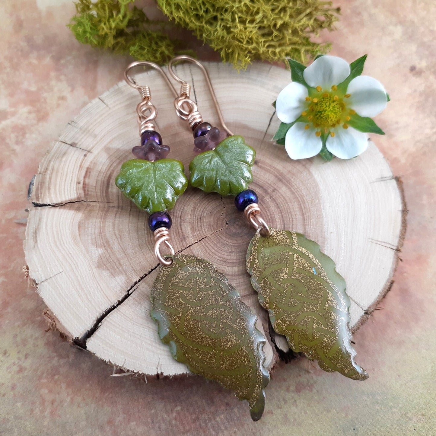 Wasabi Green Celtic Knot Czech Glass Leaf Dangle Earrings