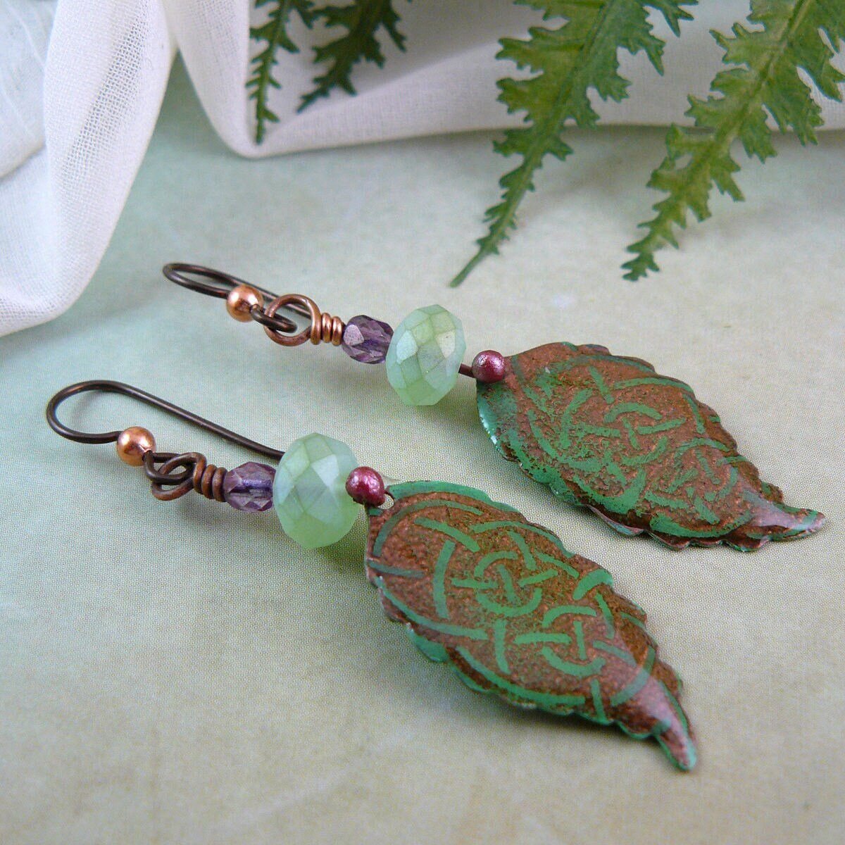 Celtic Knot Green Leaf Dangle Earrings with Copper Colored Niobium Ear Wires