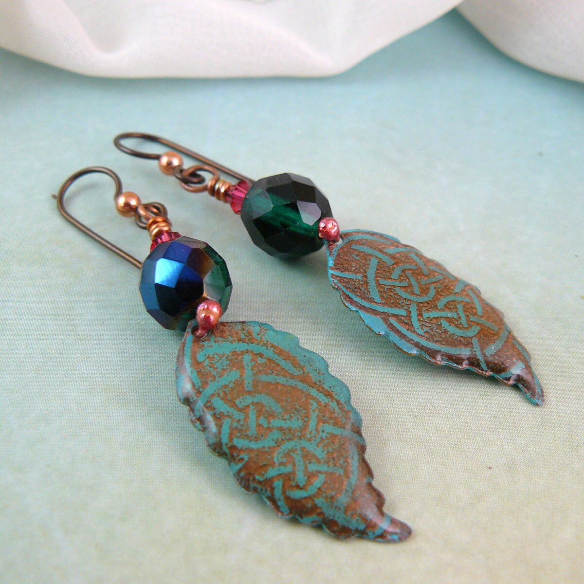 Teal Green Celtic Knot Leaf Dangle Earrings