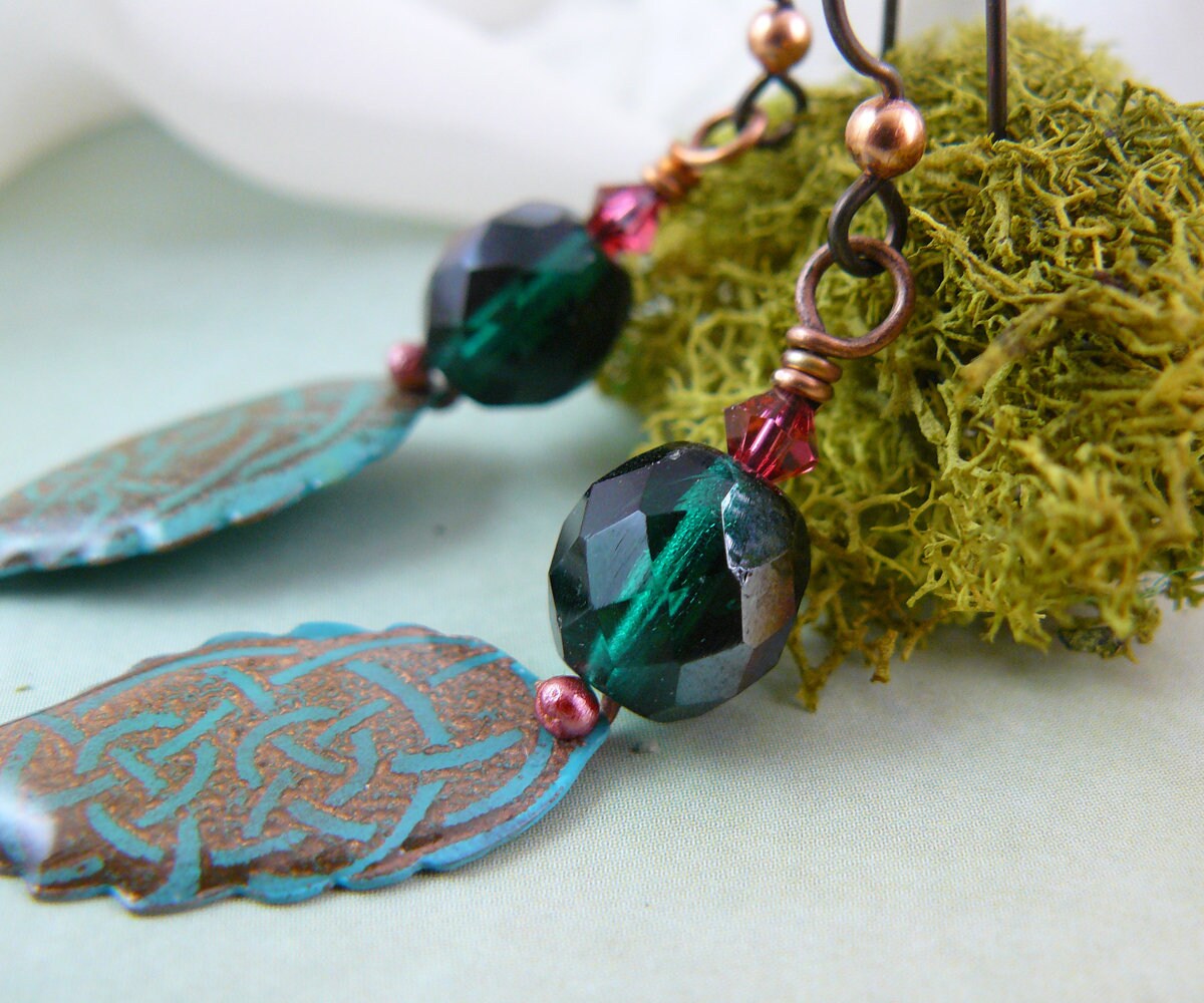 Teal Green Celtic Knot Leaf Dangle Earrings