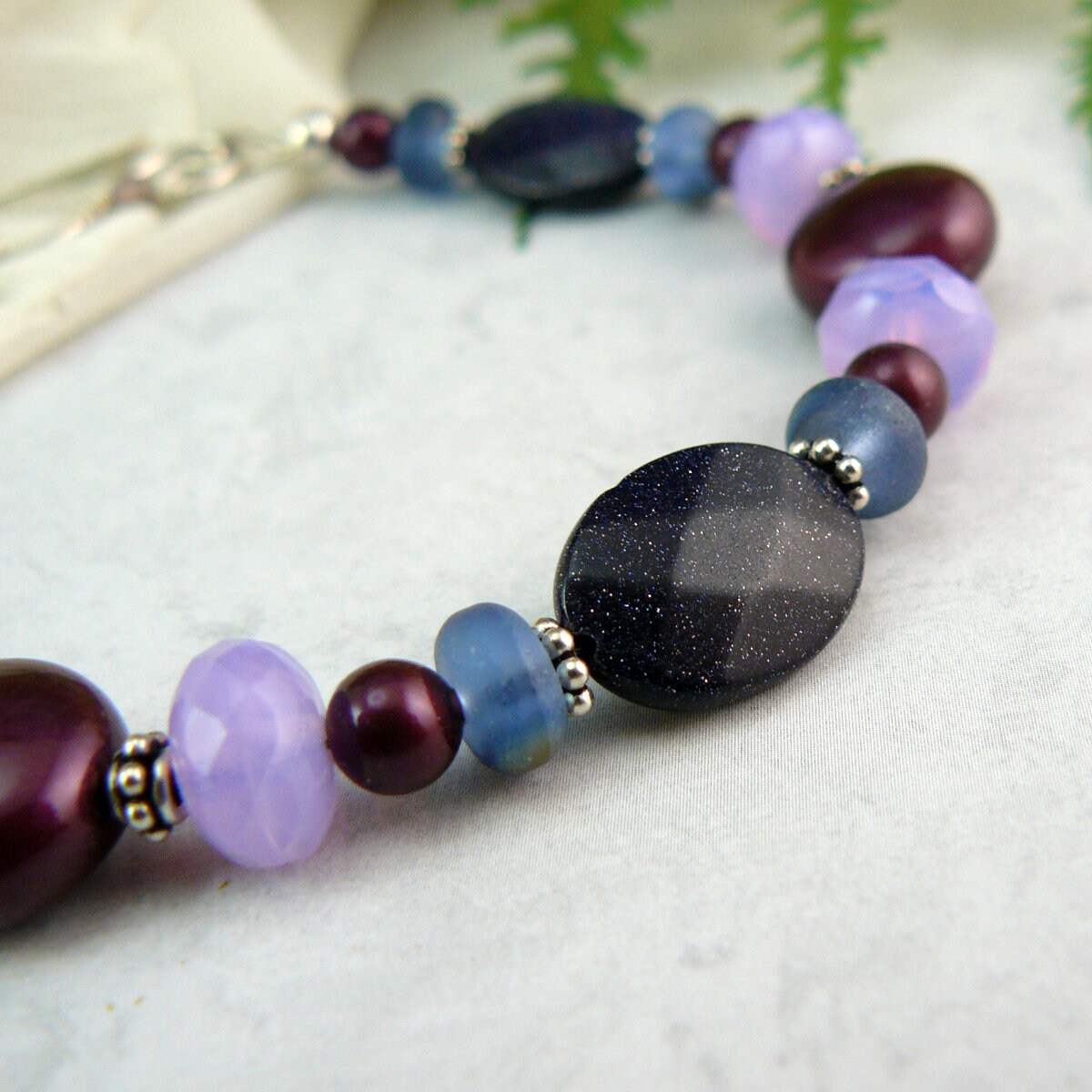 Elderberry Swarovksi Pearl and Shimmery Blue Goldstone Bead Bracelet