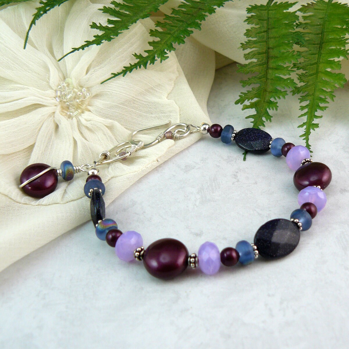Elderberry Swarovksi Pearl and Shimmery Blue Goldstone Bead Bracelet