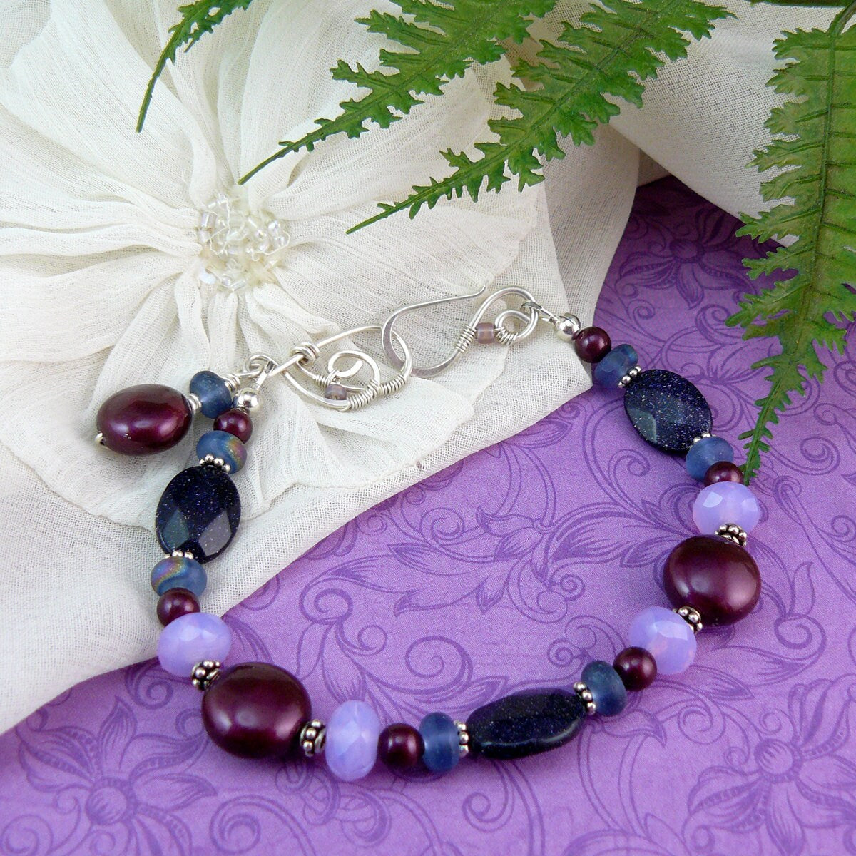Elderberry Swarovksi Pearl and Shimmery Blue Goldstone Bead Bracelet