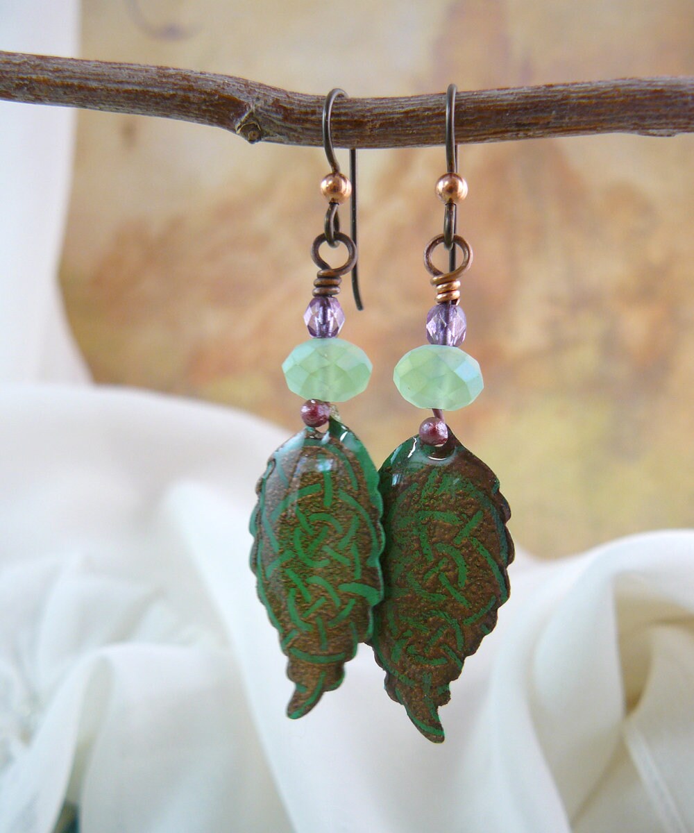 Celtic Knot Green Leaf Dangle Earrings with Copper Colored Niobium Ear Wires