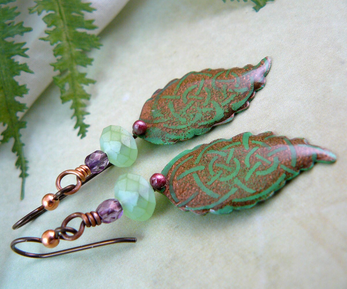 Celtic Knot Green Leaf Dangle Earrings with Copper Colored Niobium Ear Wires