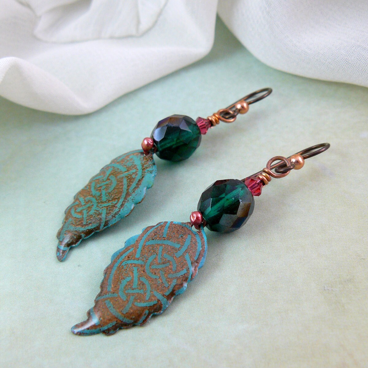 Teal Green Celtic Knot Leaf Dangle Earrings
