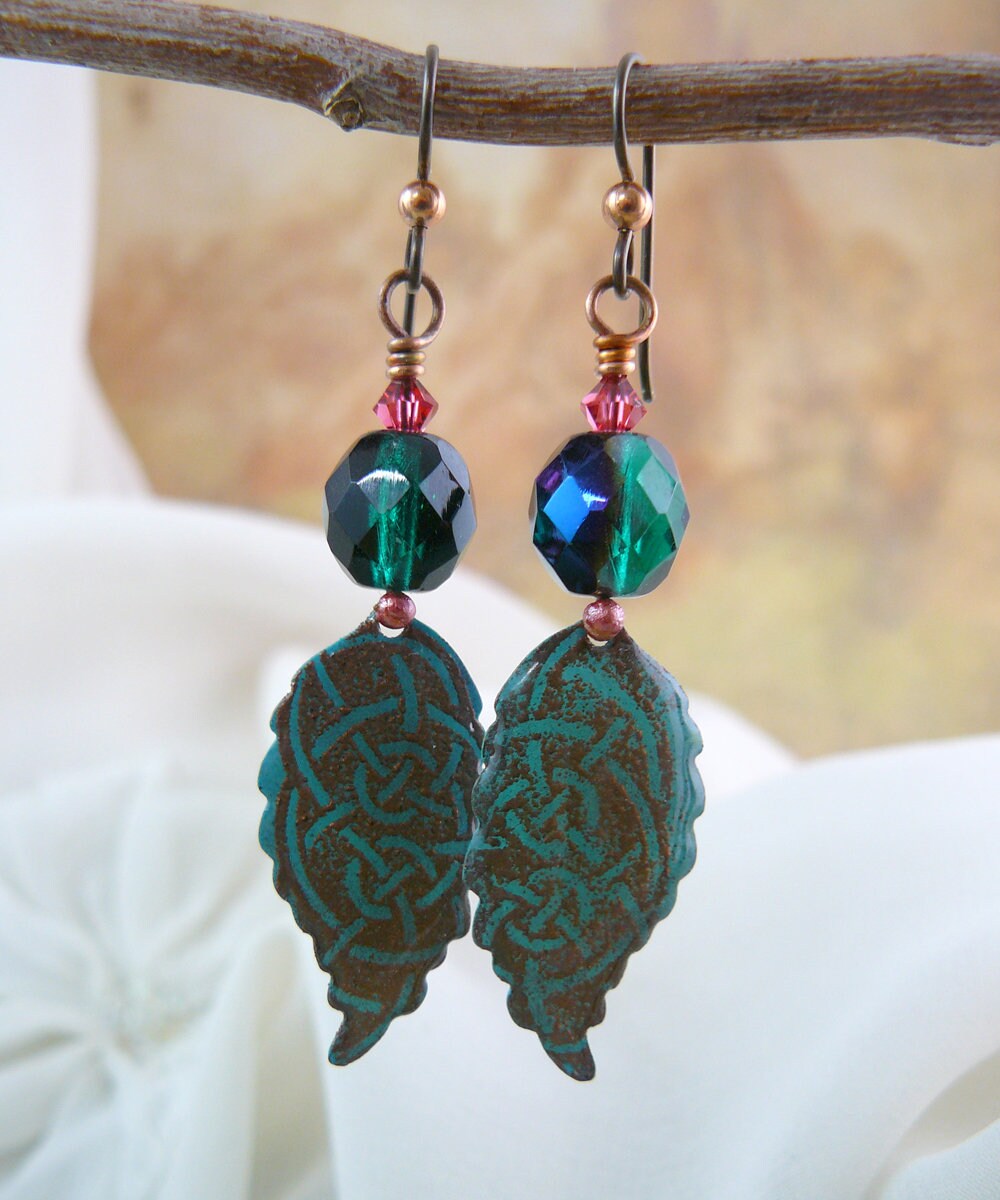 Teal Green Celtic Knot Leaf Dangle Earrings