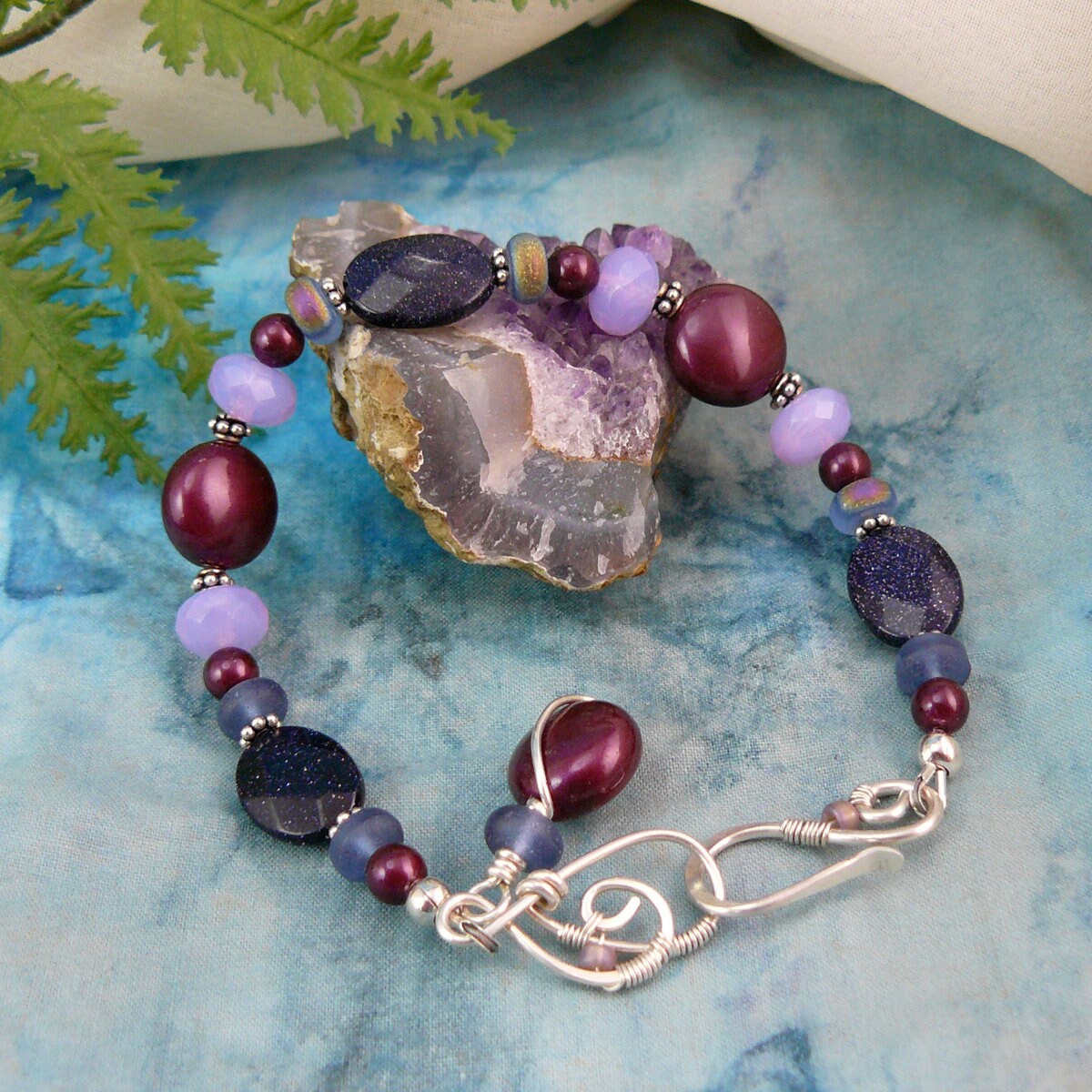 Elderberry Swarovksi Pearl and Shimmery Blue Goldstone Bead Bracelet