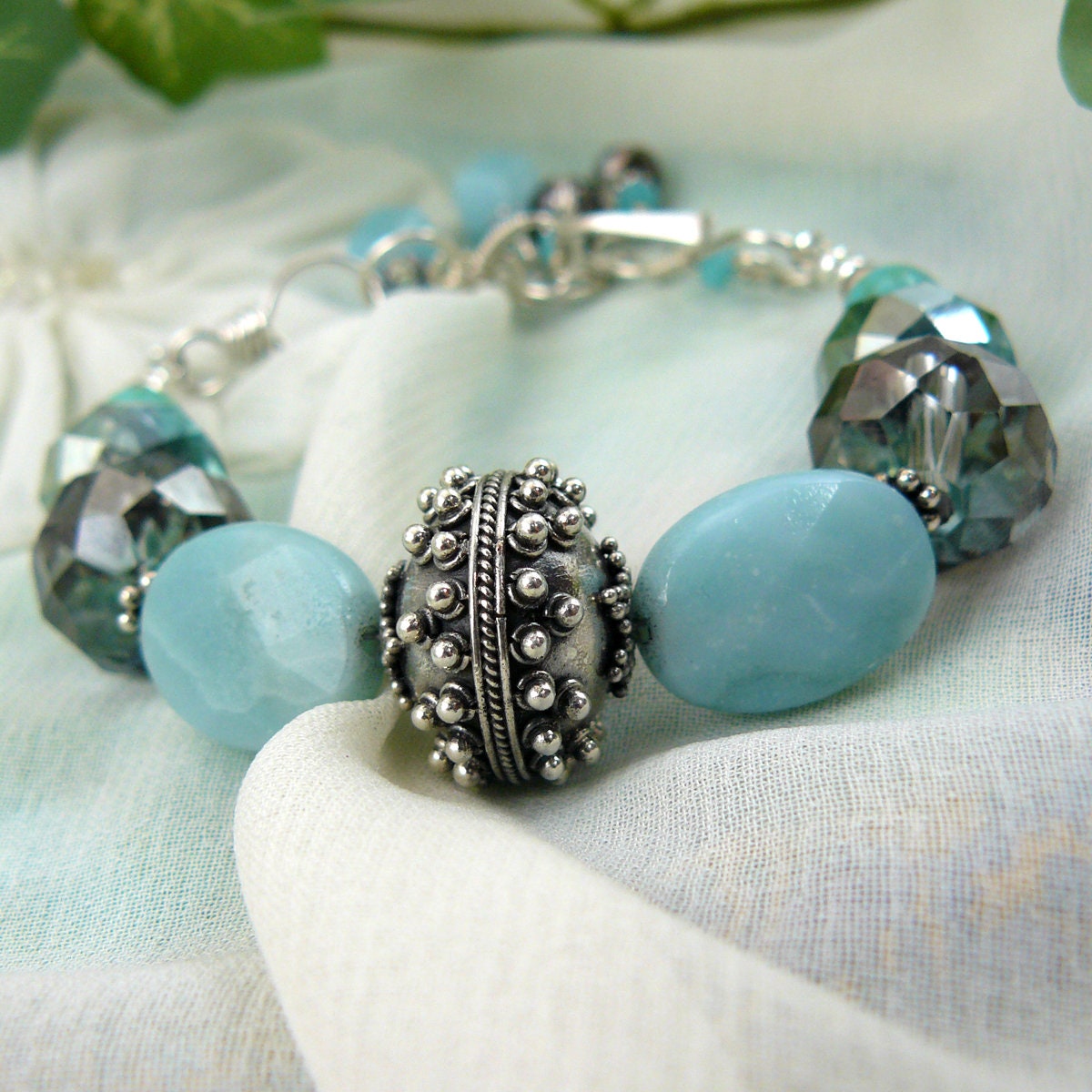 Faceted Amazonite and Bali Sterling Silver Bead Bracelet
