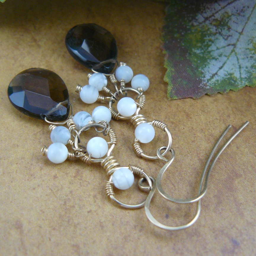 Smoky Quartz and Mother of Pearl Teardrop Briolette Drop Dangle Earrings