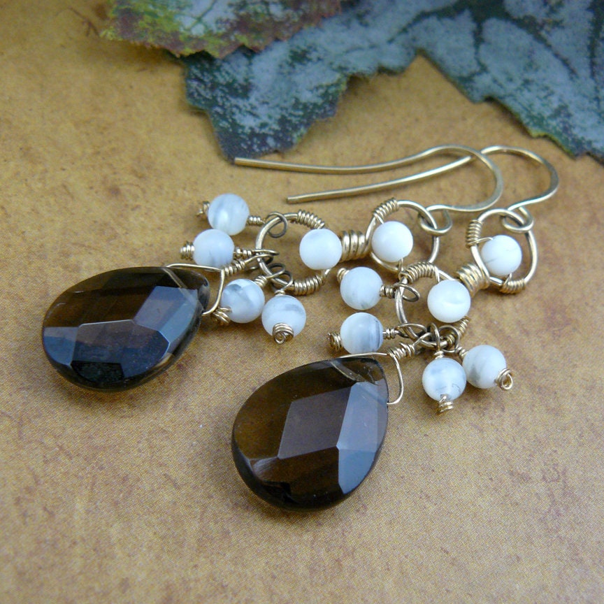 Smoky Quartz and Mother of Pearl Teardrop Briolette Drop Dangle Earrings