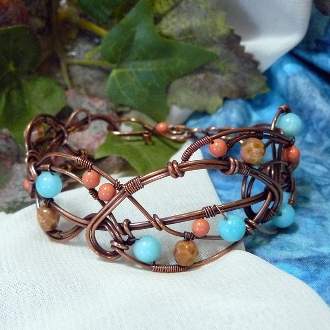Whimsical Freestyle Copper and Bead Wire Wrap Cuff Bracelet