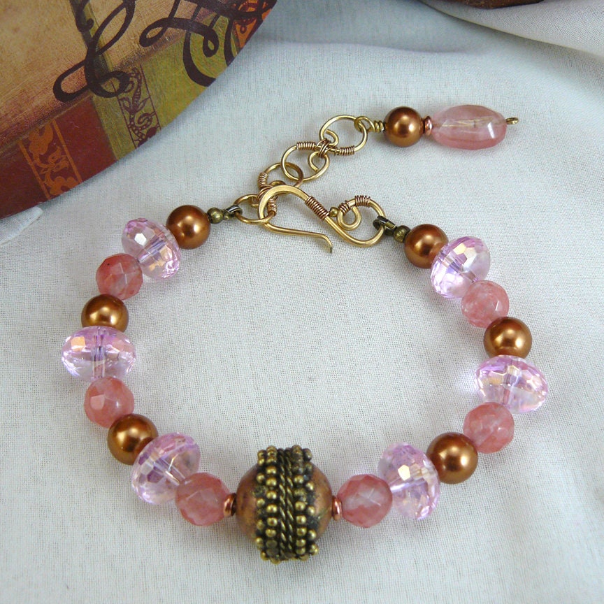 Pink Crystal and Crystal Copper Swarovski Pearl Beaded Bali Style Bracelet
