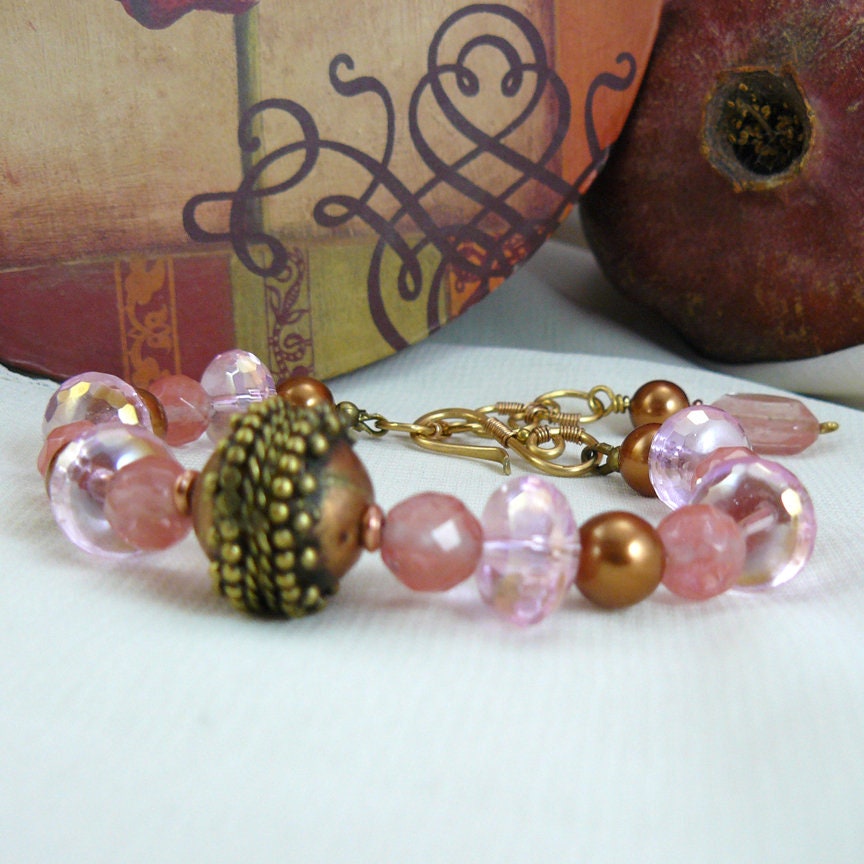 Pink Crystal and Crystal Copper Swarovski Pearl Beaded Bali Style Bracelet