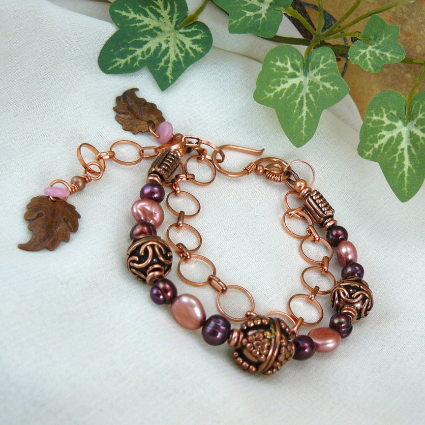 Copper Bead and Freshwater Pearl Leaf Charm Bracelet in Shades of Pink and Brown