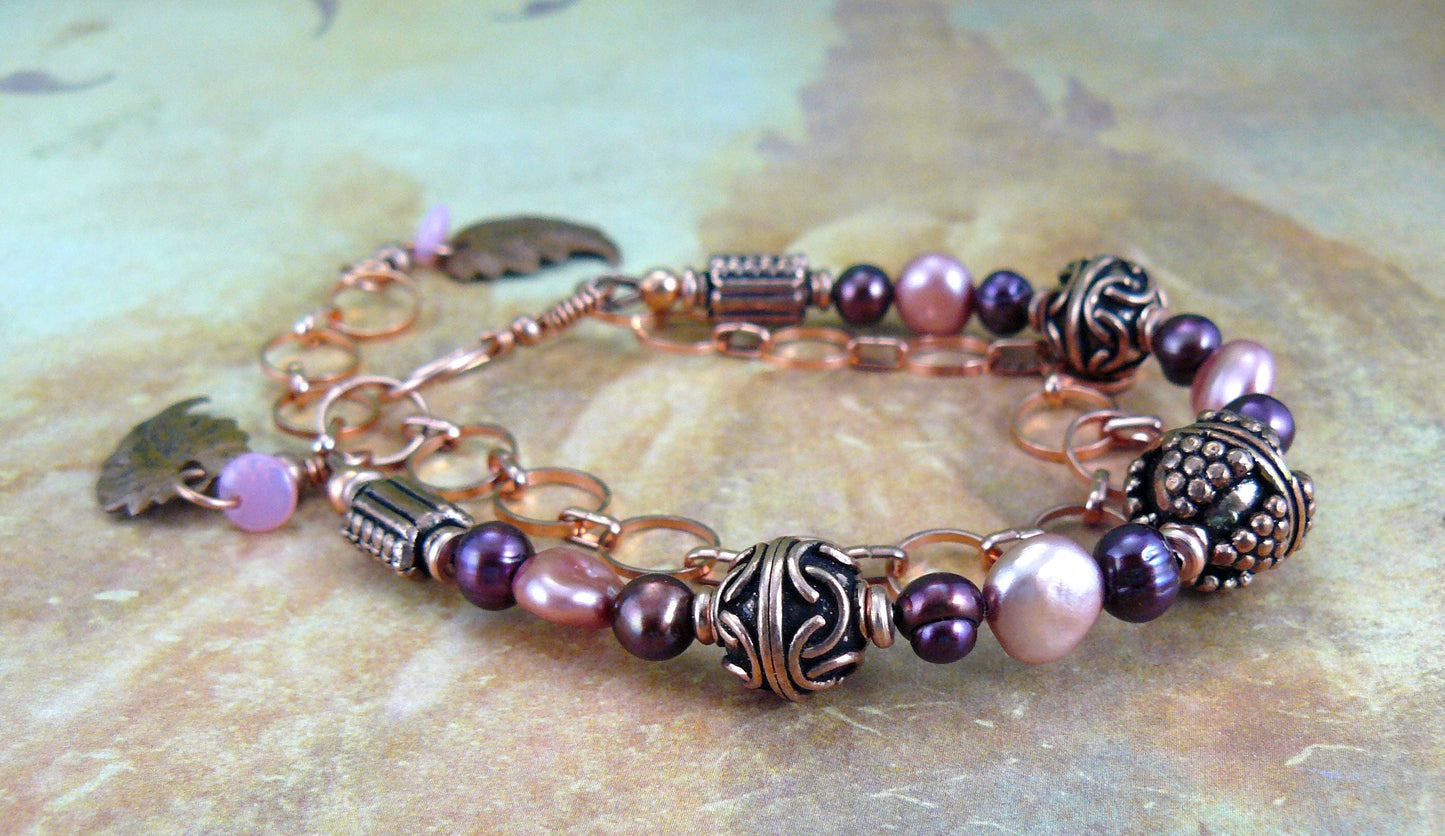 Copper Bead and Freshwater Pearl Leaf Charm Bracelet in Shades of Pink and Brown