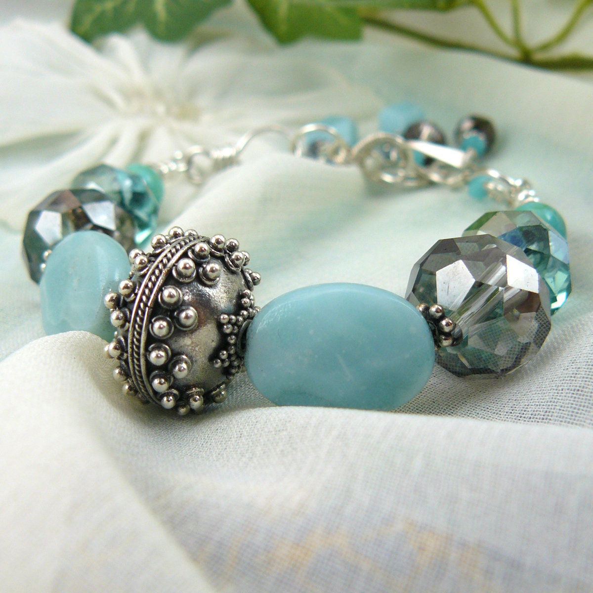 Faceted Amazonite and Bali Sterling Silver Bead Bracelet