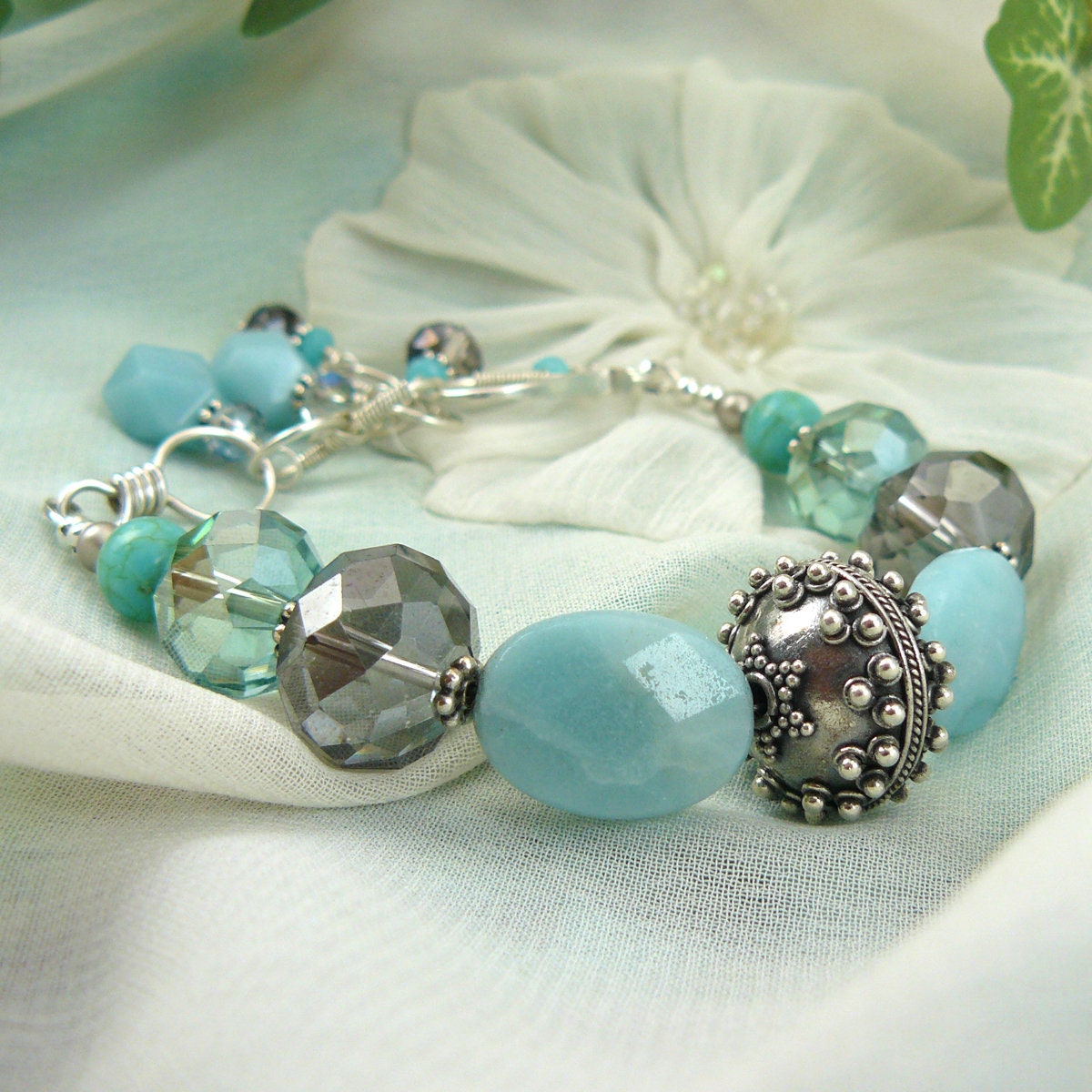 Faceted Amazonite and Bali Sterling Silver Bead Bracelet