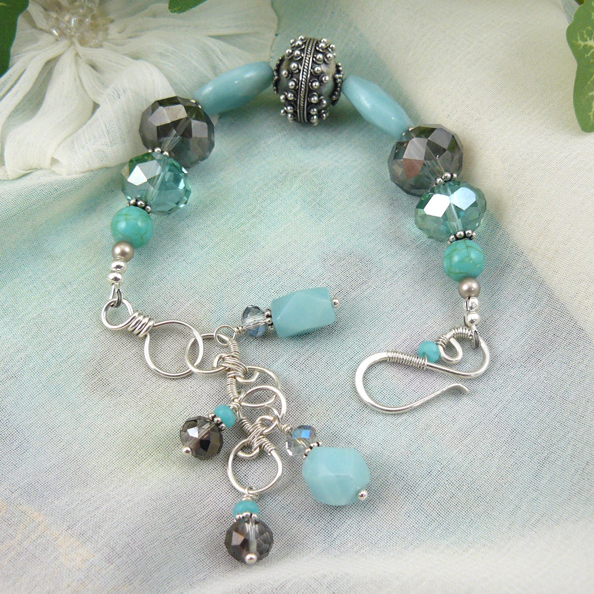 Faceted Amazonite and Bali Sterling Silver Bead Bracelet